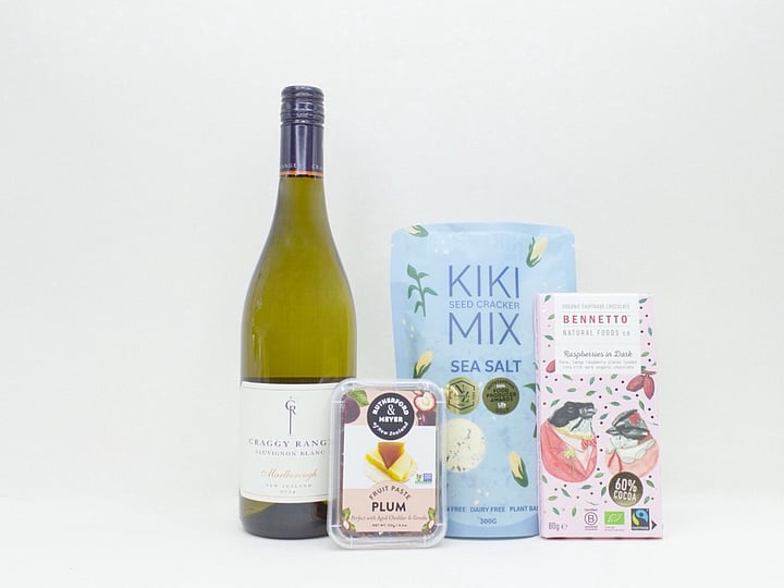 Wine and Crackers gift box NZ — premium NZ-made gift box with Craggy Range wine, crackers, plum paste and Bennetto chocolate