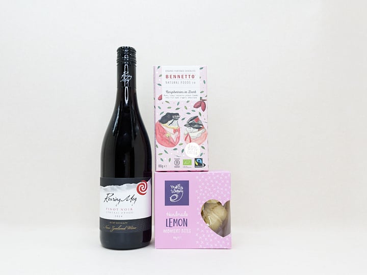 KYND Wine and Chocolate Gift Box — NZ wine gift box with Roaring Meg red wine, Bennetto dark raspberry chocolate and Molly Woppy melting moments in signature white premium gift box