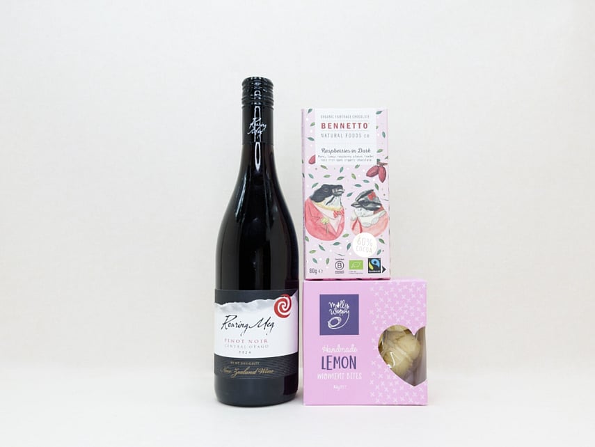 KYND Wine and Chocolate Gift Box &mdash; NZ wine gift box with Roaring Meg red wine, Bennetto dark raspberry chocolate and Molly Woppy melting moments in signature white premium gift box