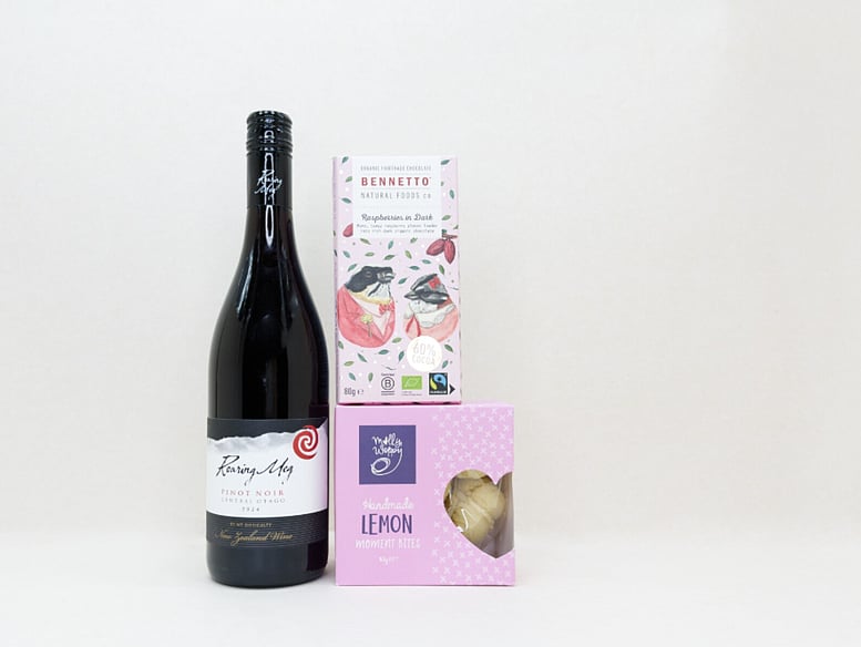 Red Wine Gift Box featuring Roaring Meg wine, Bennetto chocolate, and Molly Woppy cookies in a premium KYND gift box.