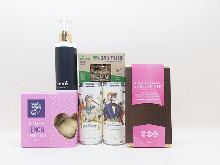 You Deserve This gift box NZ — NZ-made gift box with Remarkables chocolate, Uncommon wine, Nevé room spray and cookies