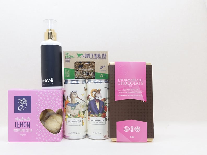 You Deserve This gift box NZ &mdash; NZ-made gift box with Remarkables chocolate, Uncommon wine, Nev&eacute; room spray and cookies