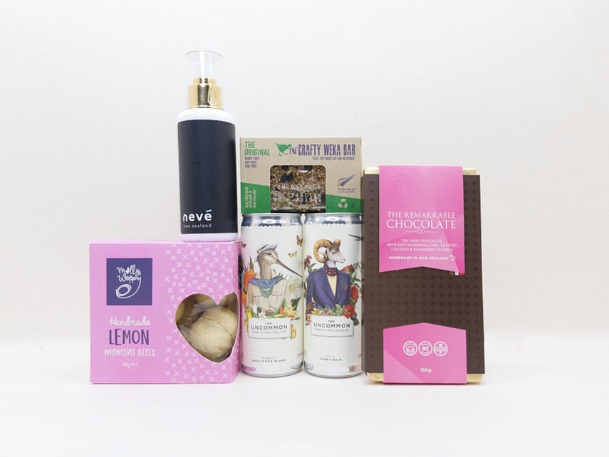 You Deserve This gift box NZ &mdash; NZ-made gift box with Remarkables chocolate, Uncommon wine, Nev&eacute; room spray and cookies