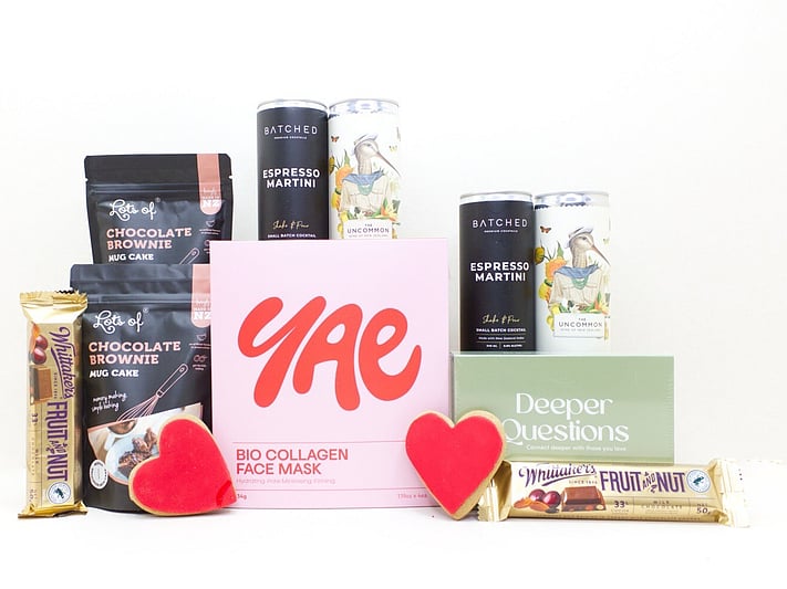 Date Night gift box NZ contents — Deeper Questions card game, Uncommon wine, Batched espresso, Whittakers chocolate, brownies and YAE face masks