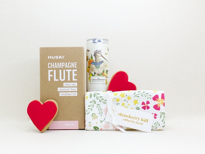 Just Because gift box NZ — NZ-made gift box with champagne, champagne flute, heart cookies and tea towel