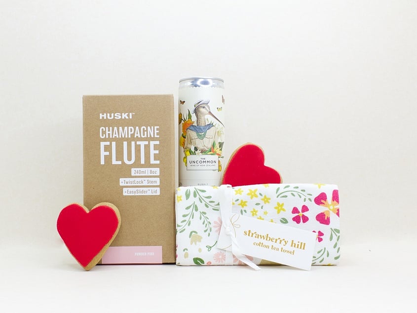 Just Because gift box NZ &mdash; NZ-made gift box with champagne, champagne flute, heart cookies and tea towel