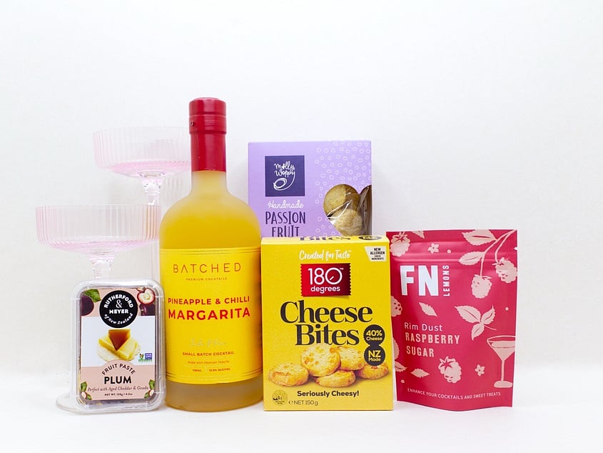 Quick Margarita gift box NZ &mdash; NZ-made cocktail gift box with Batched margarita, cocktail glasses, quince paste and cookies