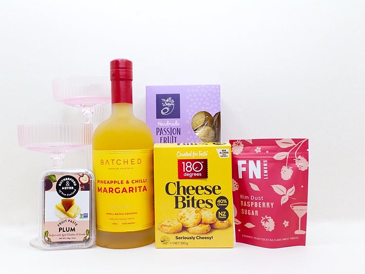 Quick Margarita gift box NZ — NZ-made cocktail gift box with Batched margarita, cocktail glasses, quince paste and cookies