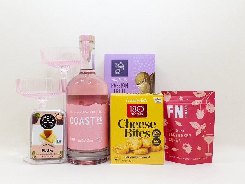 Vodka Celebration gift box NZ &mdash; NZ-made cocktail gift box with vodka, cocktail glasses, quince paste and cookies
