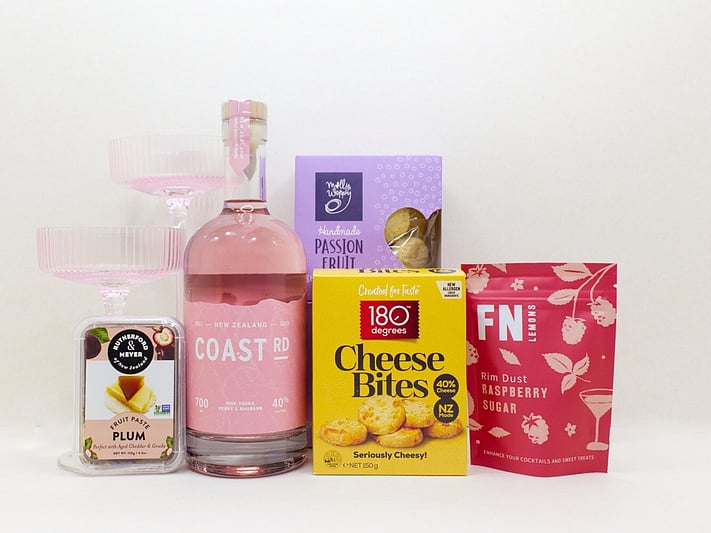 Vodka Celebration gift box NZ — NZ-made cocktail gift box with vodka, cocktail glasses, quince paste and cookies