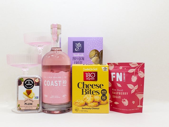 Vodka Celebration gift box NZ &mdash; NZ-made cocktail gift box with vodka, cocktail glasses, quince paste and cookies