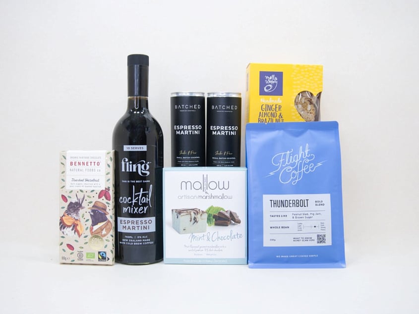 Coffee All Day gift box NZ &mdash; premium NZ-made gifts including Flight coffee, Fling martini mix and Bennetto chocolate