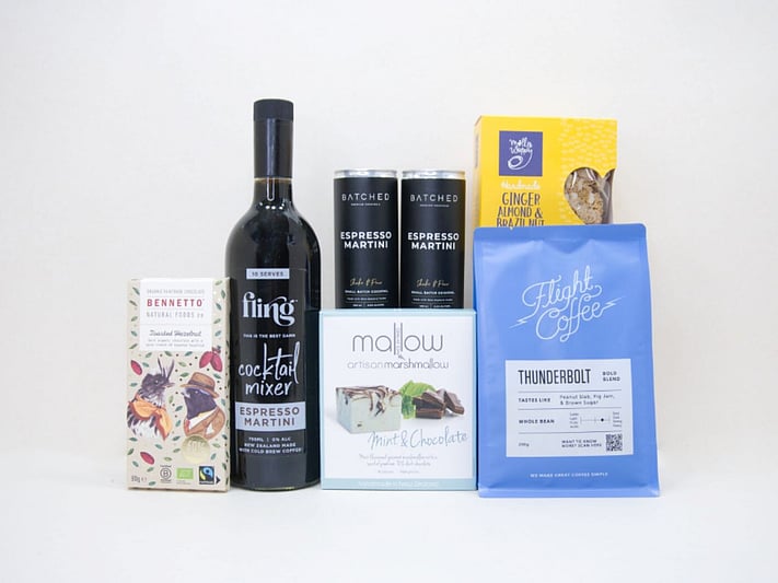 Coffee All Day gift box NZ — premium NZ-made gifts including Flight coffee, Fling martini mix and Bennetto chocolate