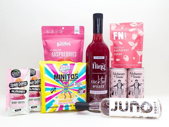 Cocktail Mixer gift box NZ — NZ-made cocktail gift box with JUNO vodka, Fling cocktail mixer, dried fruit and cocktail garnish
