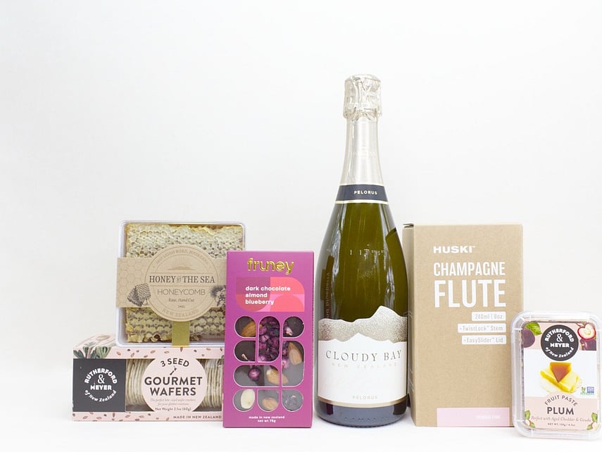Sweet and Sparkling gift box NZ &mdash; premium NZ-made gift box with Cloudy Bay, Fruney chocolate, Huski flute and honey comb