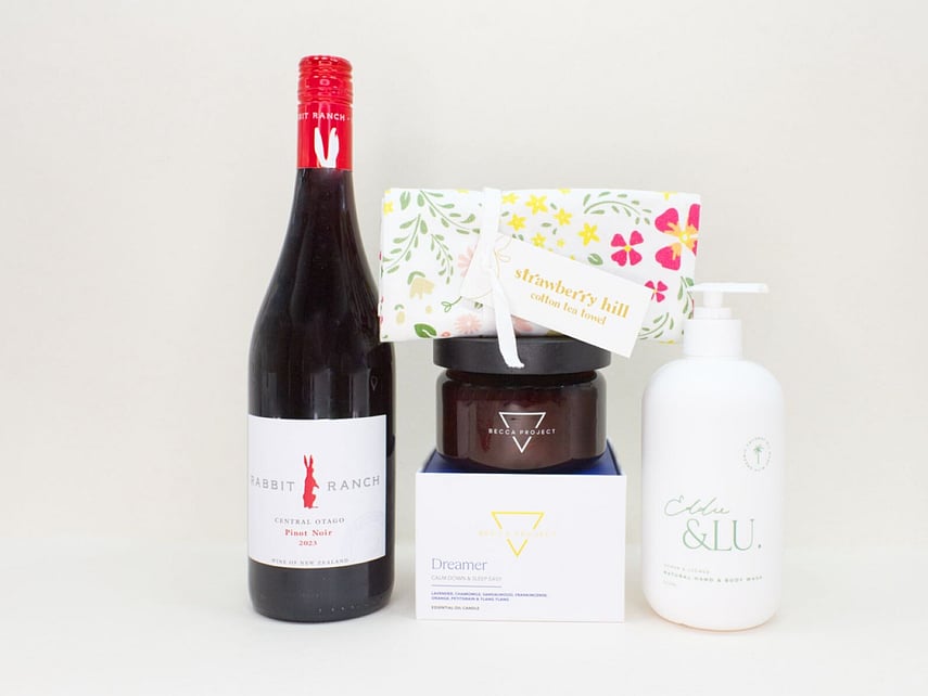 A Moment for You gift box NZ &mdash; NZ-made gift box with Rabbit Ranch wine, Becca Project candle, Eddie & Lu hand wash and teatowel
