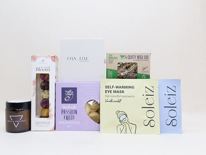Mindful Moments gift box NZ — premium NZ-made gifts including Oan Dae wish kit, Becca Project candle and Strawberry Hill teatowel