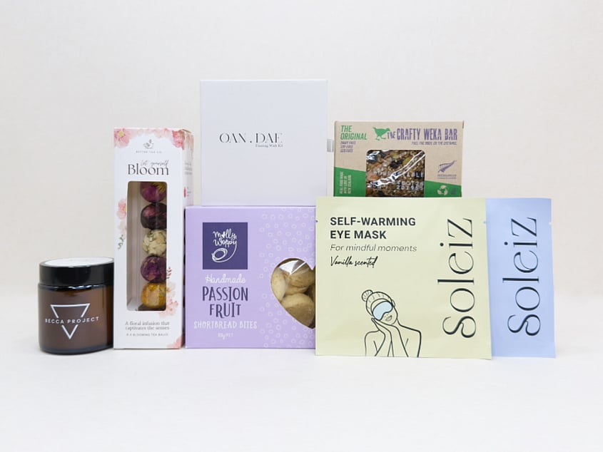 Mindful Moments gift box NZ &mdash; premium NZ-made gifts including Oan Dae wish kit, Becca Project candle and Strawberry Hill teatowel
