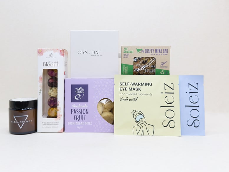 Mindful Moments gift box NZ — premium NZ-made gifts including Oan Dae wish kit, Becca Project candle and Strawberry Hill tea towel