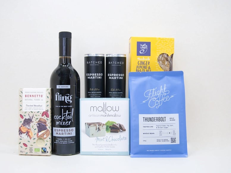 Coffee All Day gift box NZ — premium NZ-made gifts including Flight coffee, Fling martini mix and Bennetto chocolate