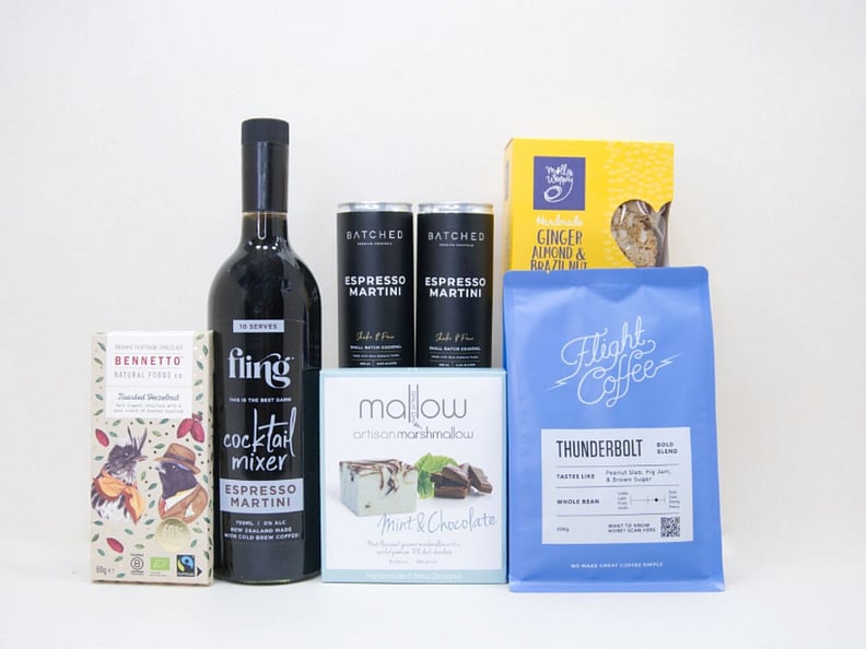 Coffee All Day gift box NZ &mdash; premium NZ-made gifts including Flight coffee, Fling martini mix and Bennetto chocolate