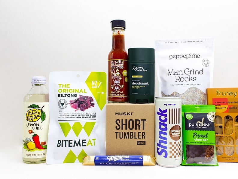 For the Guys gift box NZ &mdash; NZ-made gift box for him with protein drink, Huski cup, BBQ sauce and Pepper & Me relish
