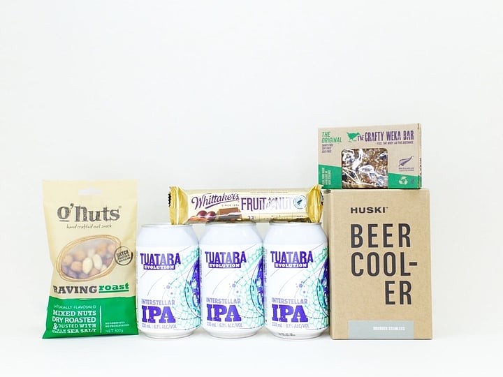 Craft Beer Gift Box featuring Tuatara craft beer, HUSKI beer cooler, gourmet nuts, and a Crafty Weka muesli bar in a premium KYND gift box.