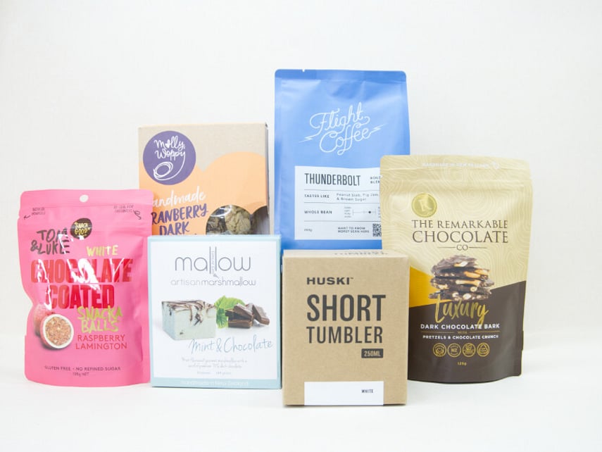 Coffee gift box NZ &mdash; NZ-made gift box with Flight coffee, Tom & Luke balls, artisan cookies and chocolate