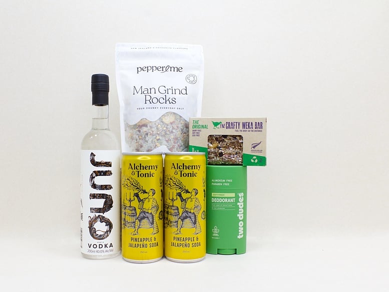 Vodka Treat gift box NZ — NZ-made gift box for him with JUNO vodka, tonic, Two Dudes deodorant and artisan salt