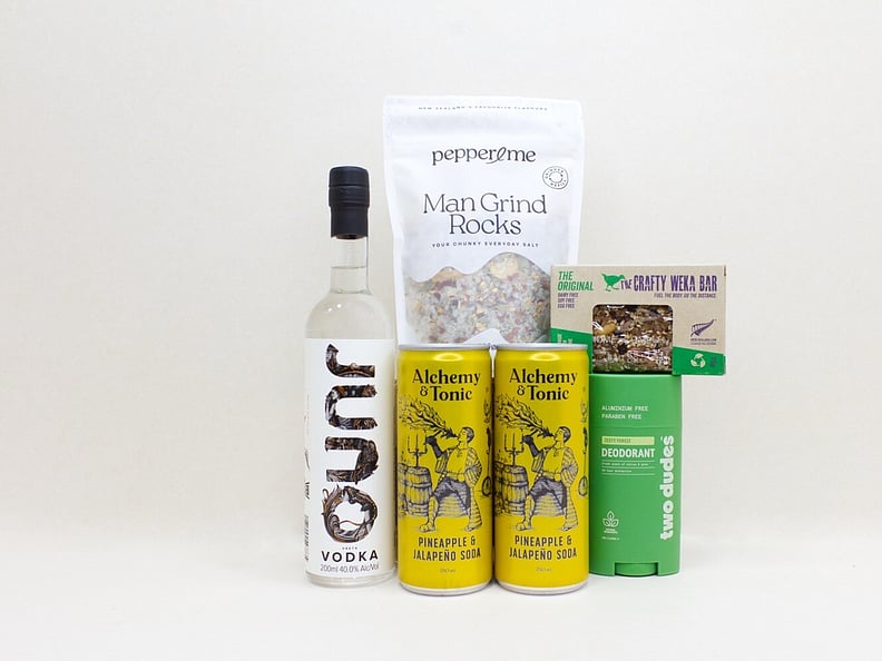 Vodka Treat gift box NZ &mdash; NZ-made gift box for him with JUNO vodka, tonic, Two Dudes deodorant and artisan salt