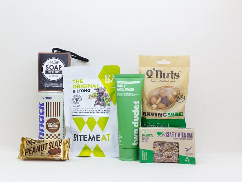 Bits and Bobs gift box NZ — NZ-made gift box for him with face wash, protein drink, artisan soap and muesli bar