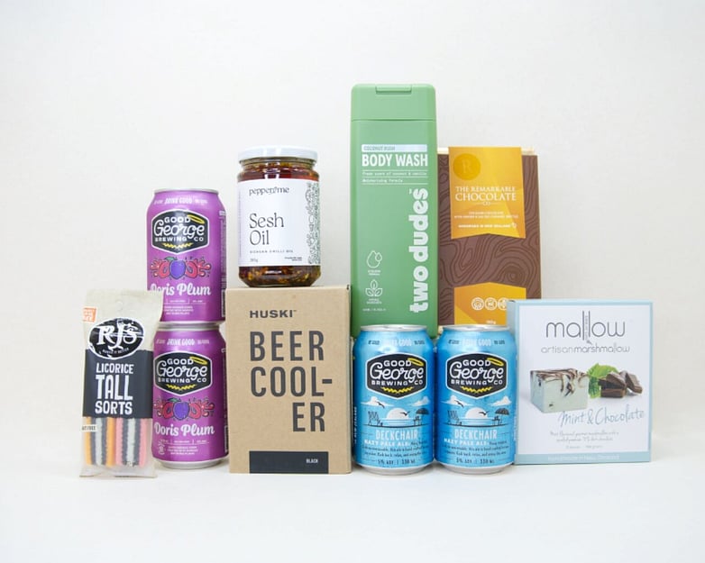 Spoil Him gift box NZ &mdash; NZ-made gift box for him with craft beer, Huski tumbler, marshmallows and chocolate