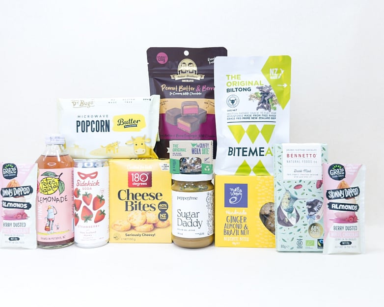 KYND Great NZ Snack Box &mdash; NZ snack gift box with popcorn, jerky, chocolate, biscuits, almonds and artisan snacks in signature white premium gift box