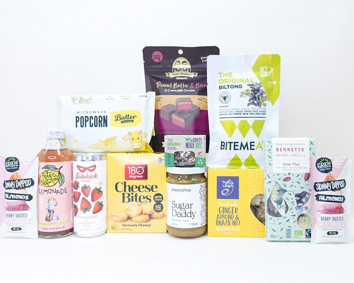 KYND Great NZ Snack Box — NZ snack gift box with popcorn, jerky, chocolate, biscuits, almonds and artisan snacks in signature white premium gift box