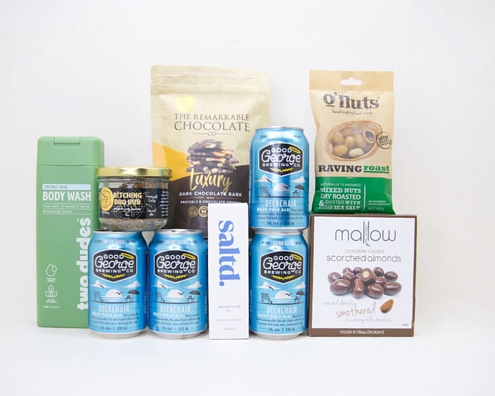 The Big Beer gift box NZ — premium NZ-made gift box for him with craft beer, BBQ rub, Saltd bath salts, almonds and chocolate