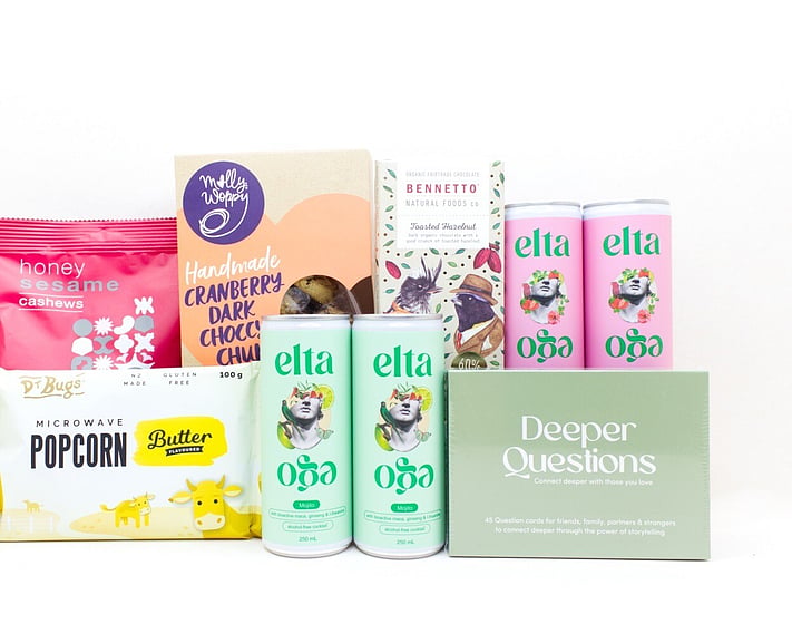 Games Night gift box NZ — NZ-made gift box with Deeper Questions card game, alcohol-free cocktails, cookies, popcorn and nuts