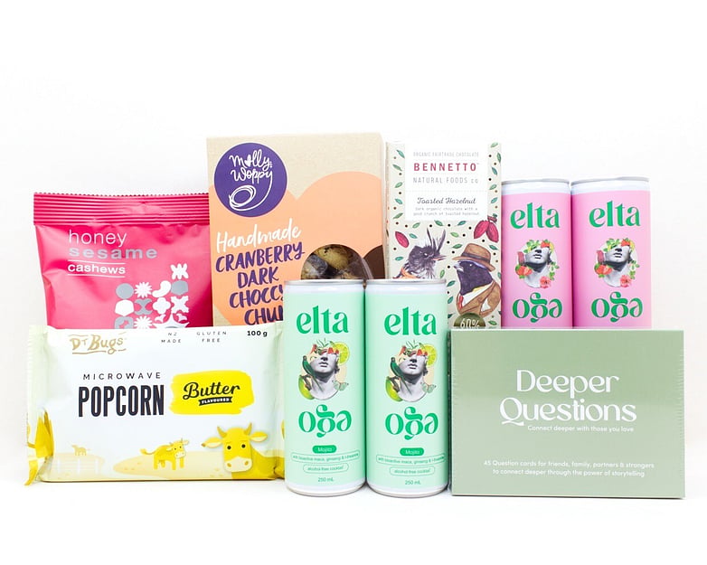Games Night gift box NZ &mdash; NZ-made gift box with Deeper Questions card game, alcohol-free cocktails, cookies, popcorn and nuts