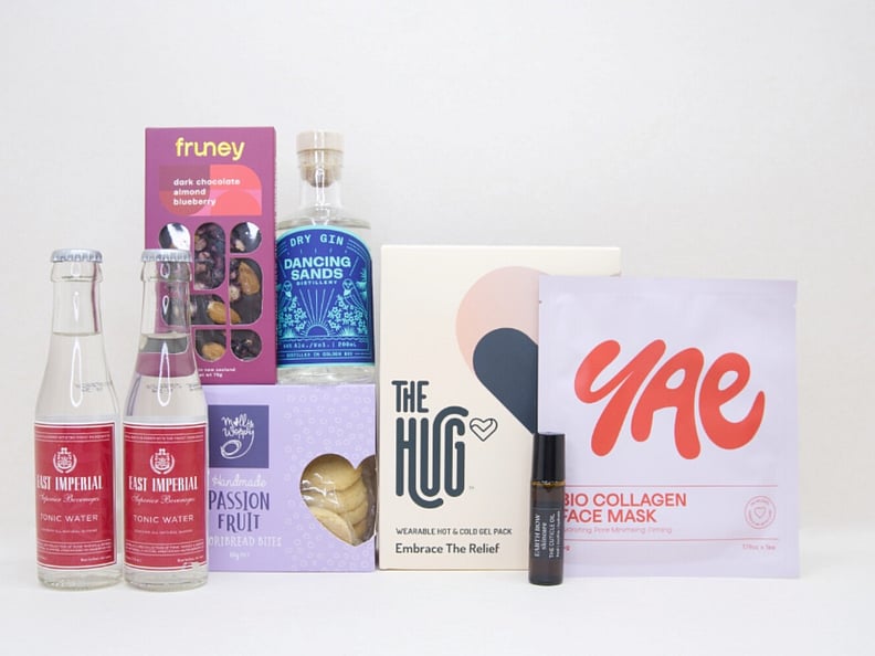 Evening Reset gift box NZ &mdash; NZ-made relaxation gift box with Dancing Sands gin, The Hug gel pack, Fruney chocolate and YAE face mask