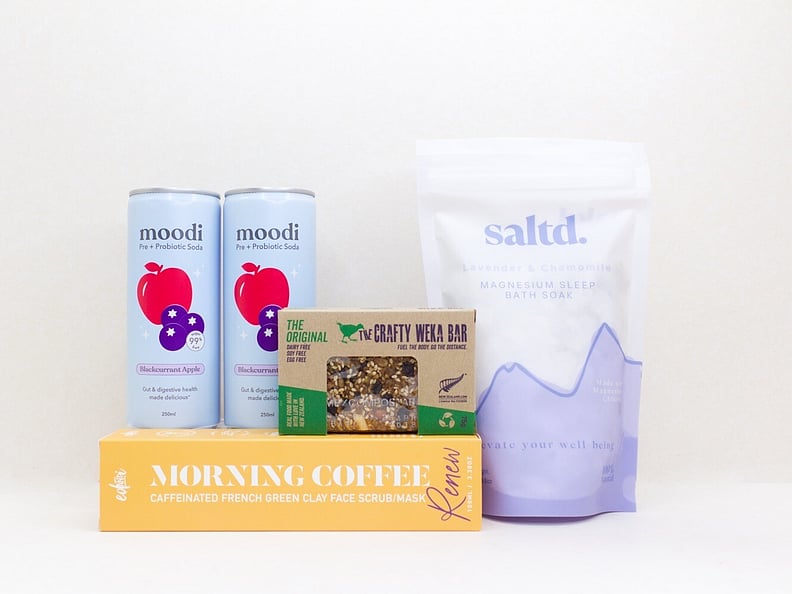 Wellness gift box NZ &mdash; NZ-made wellness gift box with Eddie & Lu face scrub, Saltd bath salts and wellness drinks