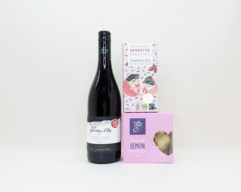KYND Wine and Chocolate Gift Box &mdash; NZ wine gift box with Roaring Meg red wine, Bennetto dark raspberry chocolate and Molly Woppy melting moments in signature white premium gift box