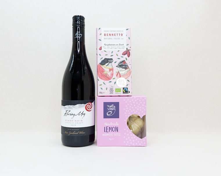 Red Wine Gift Box featuring Roaring Meg wine, Bennetto chocolate, and Molly Woppy cookies in a premium KYND gift box.