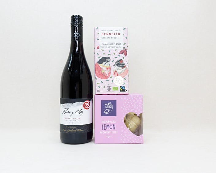 Red Wine Gift Box featuring Roaring Meg wine, Bennetto chocolate, and Molly Woppy cookies in a premium KYND gift box.