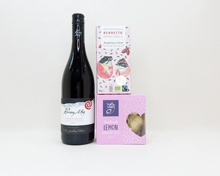 Red Wine Gift Box featuring Roaring Meg wine, Bennetto chocolate, and Molly Woppy cookies in a premium KYND gift box.