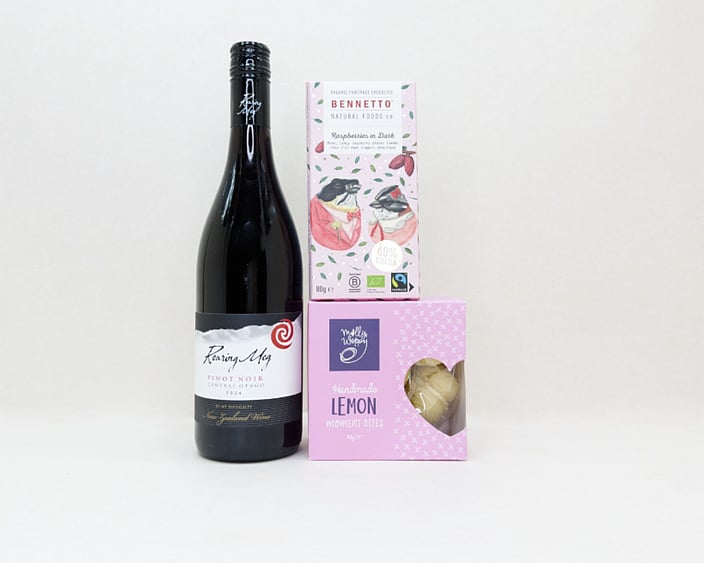Red Wine Gift Box featuring Roaring Meg wine, Bennetto chocolate, and Molly Woppy cookies in a premium KYND gift box.