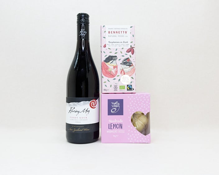 Red Wine Gift Box featuring Roaring Meg wine, Bennetto chocolate, and Molly Woppy cookies in a premium KYND gift box.