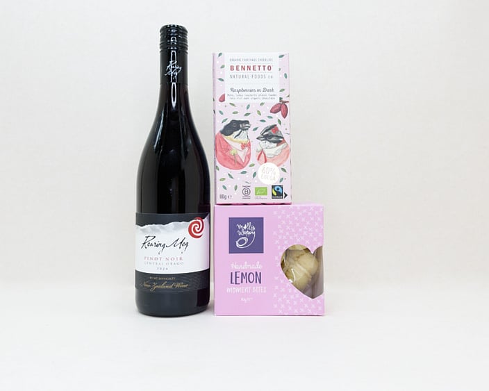 Red Wine Gift Box featuring Roaring Meg wine, Bennetto chocolate, and Molly Woppy cookies in a premium KYND gift box.