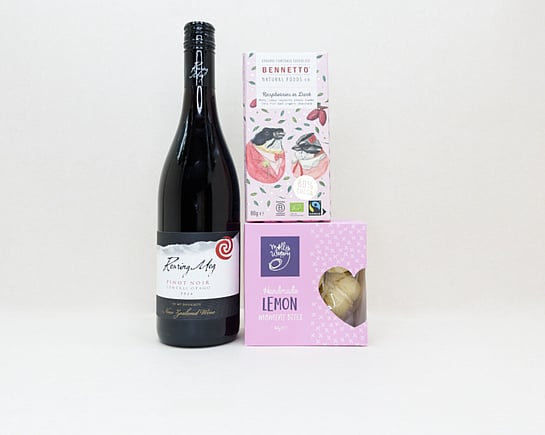 Red Wine Gift Box featuring Roaring Meg wine, Bennetto chocolate, and Molly Woppy cookies in a premium KYND gift box.