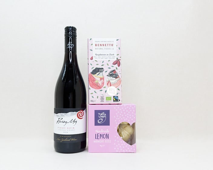 Red Wine Gift Box featuring Roaring Meg wine, Bennetto chocolate, and Molly Woppy cookies in a premium KYND gift box.