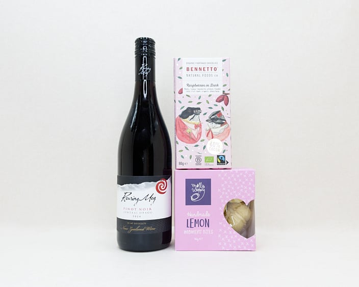 Red Wine Gift Box featuring Roaring Meg wine, Bennetto chocolate, and Molly Woppy cookies in a premium KYND gift box.
