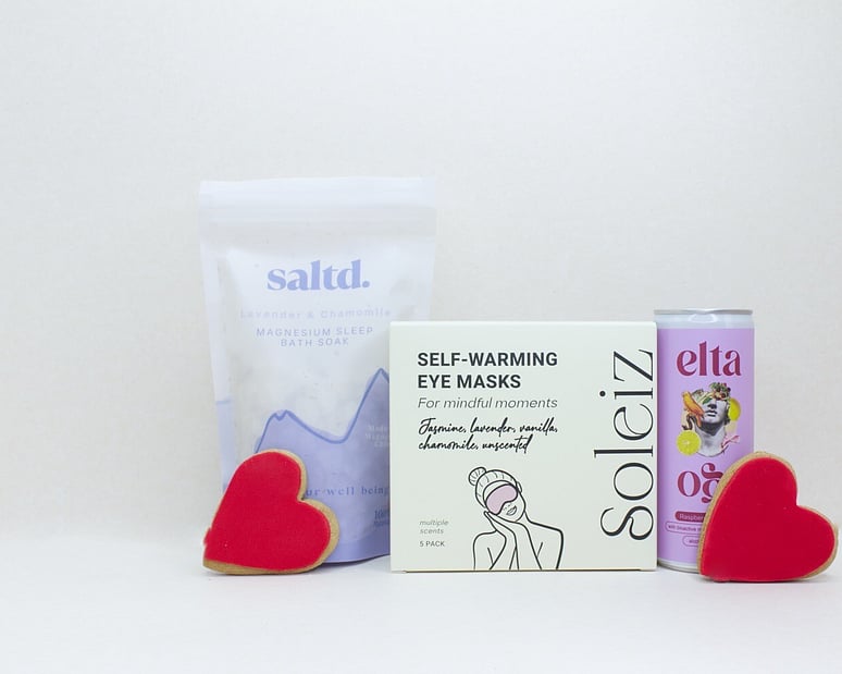 The me time gift box NZ &mdash; NZ-made self-care gift box with Saltd bath salts, Soleiz eye mask and Elta Ego cocktail